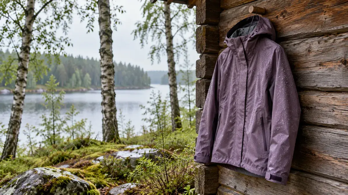 Violetti hupullinen kuoritakki mökin hirsiseinällä järven ja koivikon vieressä