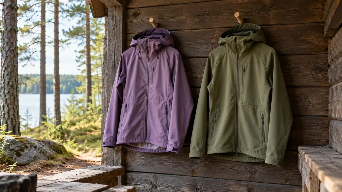 Violetti kuoritakki ja vihreä softshell-takki rinnakkain puuseinällä