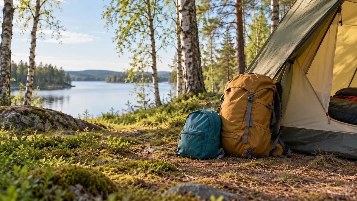 Pieni ja suuri reppu teltan edessä koivujen reunustamassa leirissä