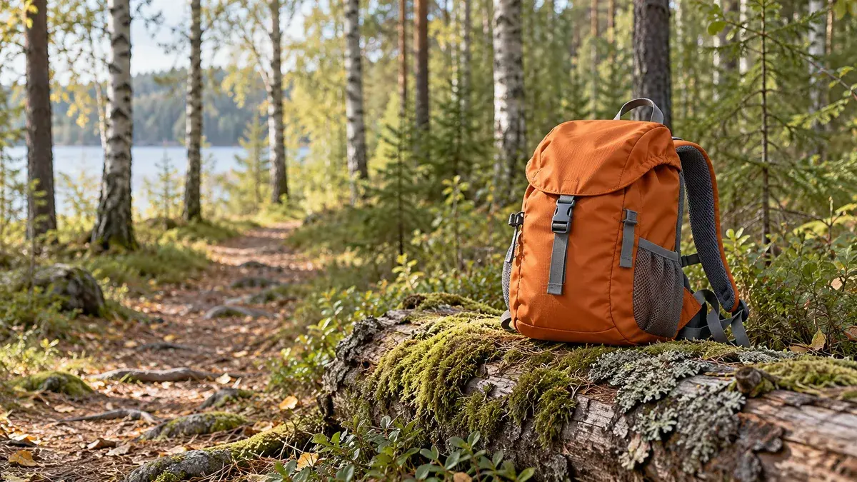 Pieni oranssi reppu sammaloituneella puunrungolla koivumetsässä