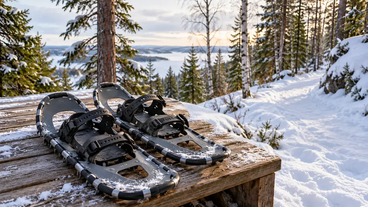Lumikenkäpari lepää puisella tasanteella lumisen metsäpolun vieressä