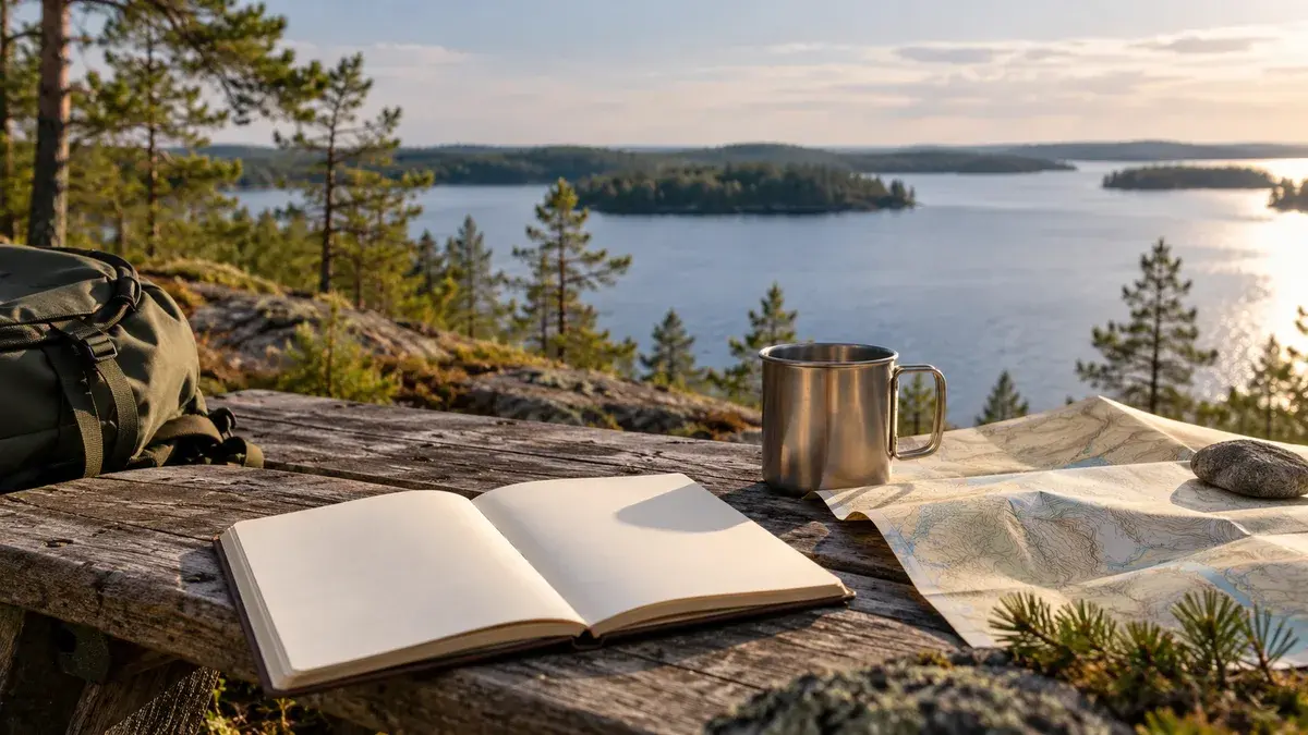 Avoin muistikirja, retkimuki ja kartta metsäisen järven äärellä