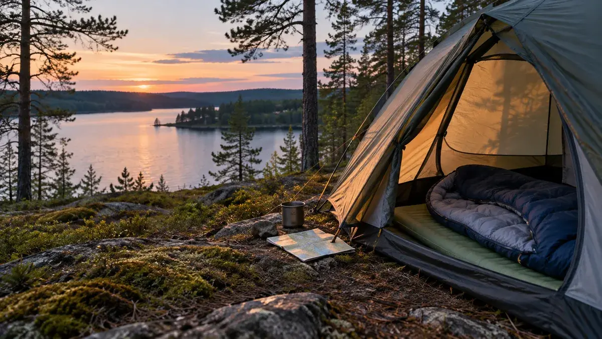 Makuupussi makuualustan päällä teltan oviaukossa suomalaisen järven rannalla