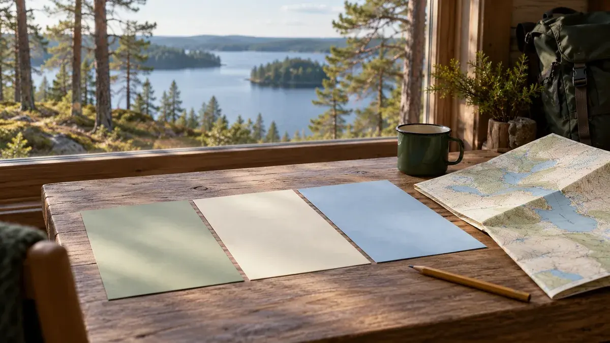 Kolme tyhjää tietolehteä ja kartta puupöydällä ikkunan vieressä