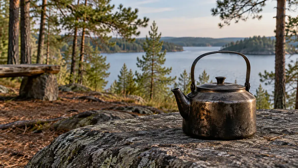 Tumma kahvipannu kylmällä rantakalliolla mäntymetsän vieressä