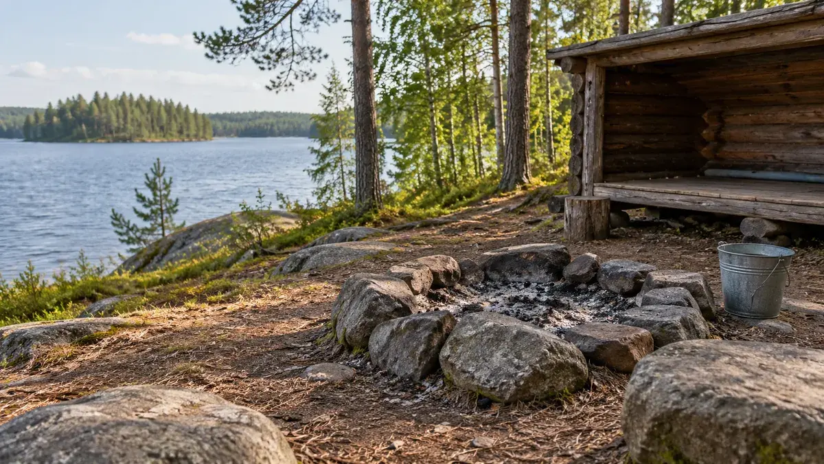 Kylmä nuotiopaikka ja vesiämpäri metsälaavun edessä