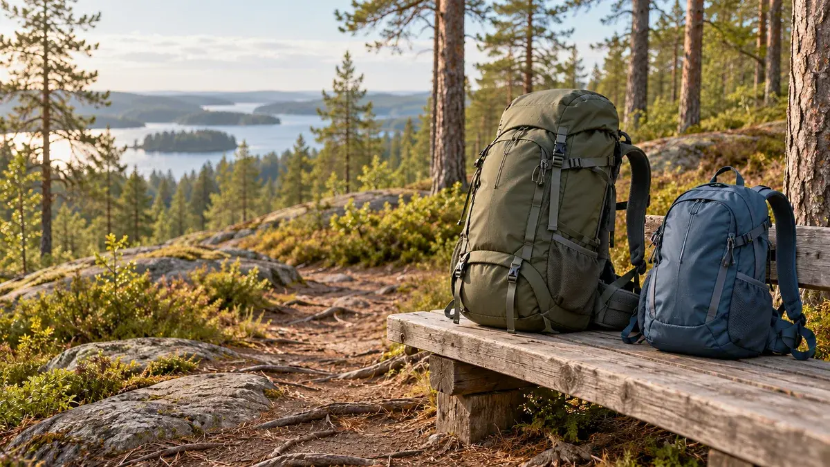 Vihreä vaellusrinkka ja sininen päiväreppu puisella penkillä metsäpolun varrella