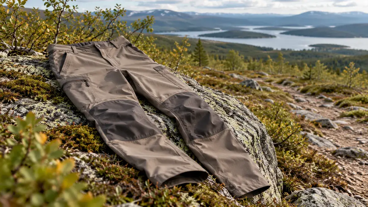 Harmaanruskeat retkeilyhousut sammaleisella kalliolla tunturimaisemassa