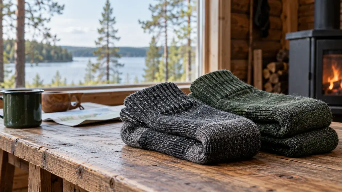 Harmaat ja metsänvihreät neulesukat taiteltuina mökin puiselle pöydälle