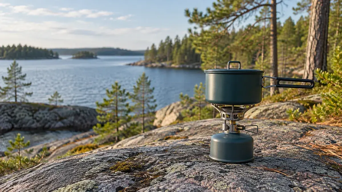 Kompakti retkikeitin ja tumma kattila järvenrantakalliolla mäntymetsän vieressä