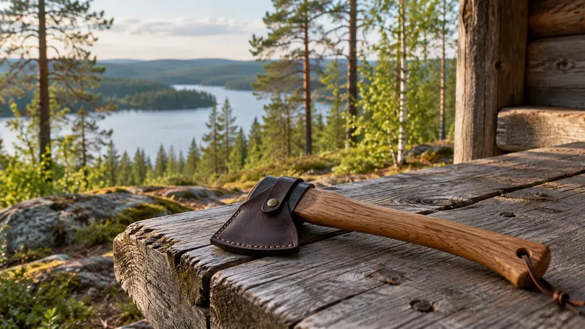 Suojattu retkikirves puisella laavun penkillä järvimaiseman edessä