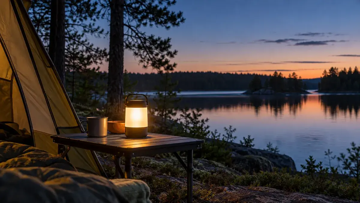 Akkukäyttöinen retkilyhty valaisee pöytää teltan vieressä iltahämärässä