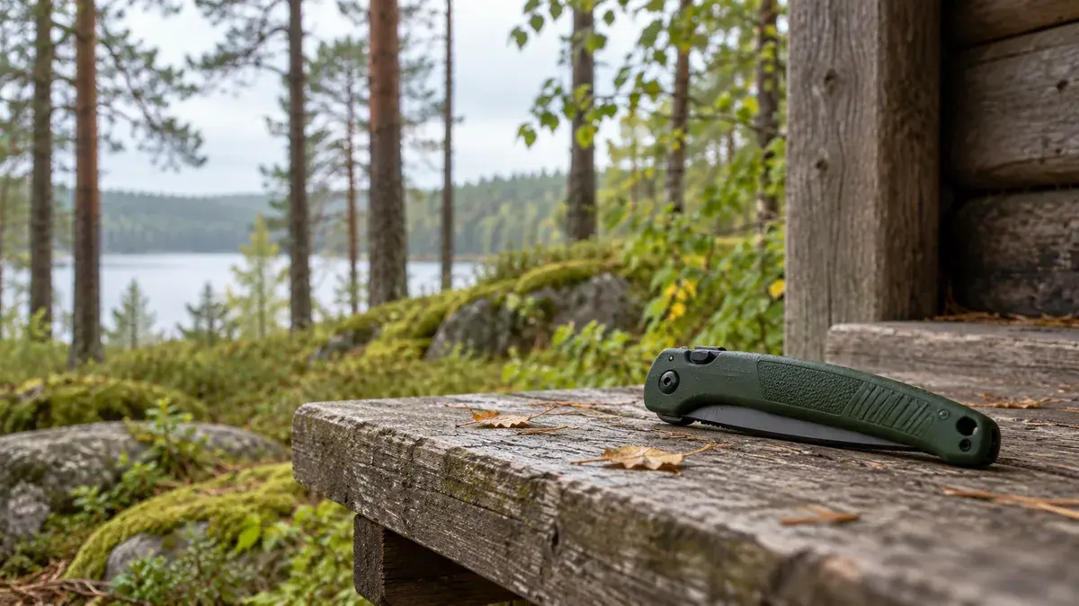 Suljettu taittosaha lepää metsälaavun puisella penkillä