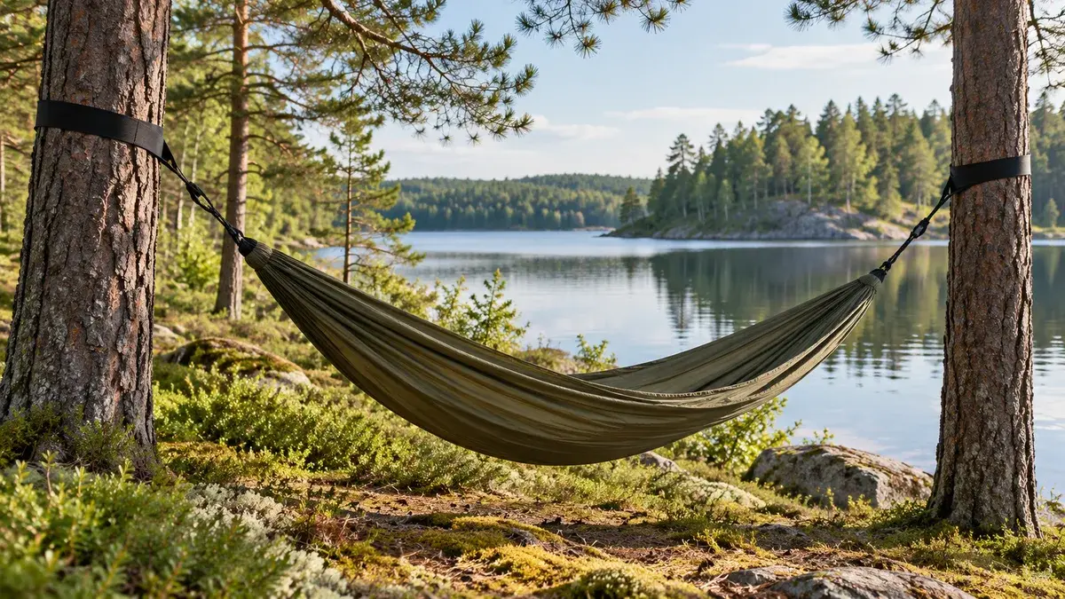 Tyhjä vihreä riippumatto matalalla mäntyjen välissä leveillä puunsuojahihnoilla järvenrantametsässä