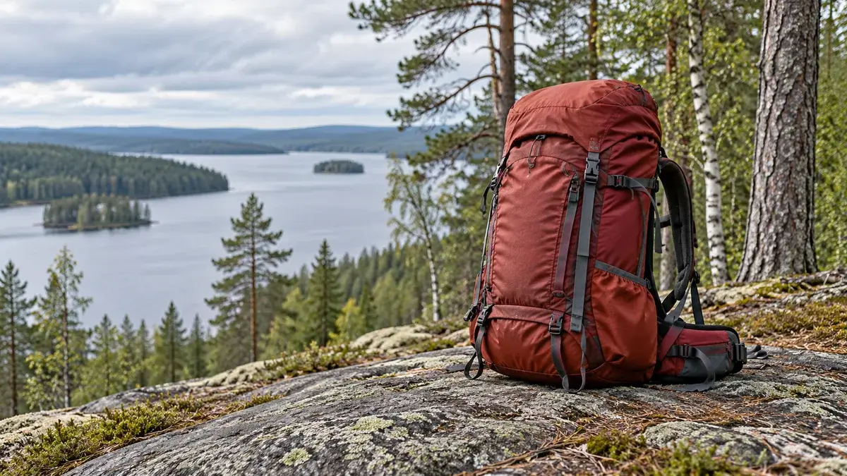 Punainen vaellusrinkka graniittikivellä suomalaisen metsäjärven yläpuolella