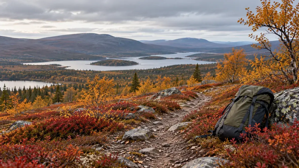Reppu ruskan värittämän tunturipolun vieressä Lapissa