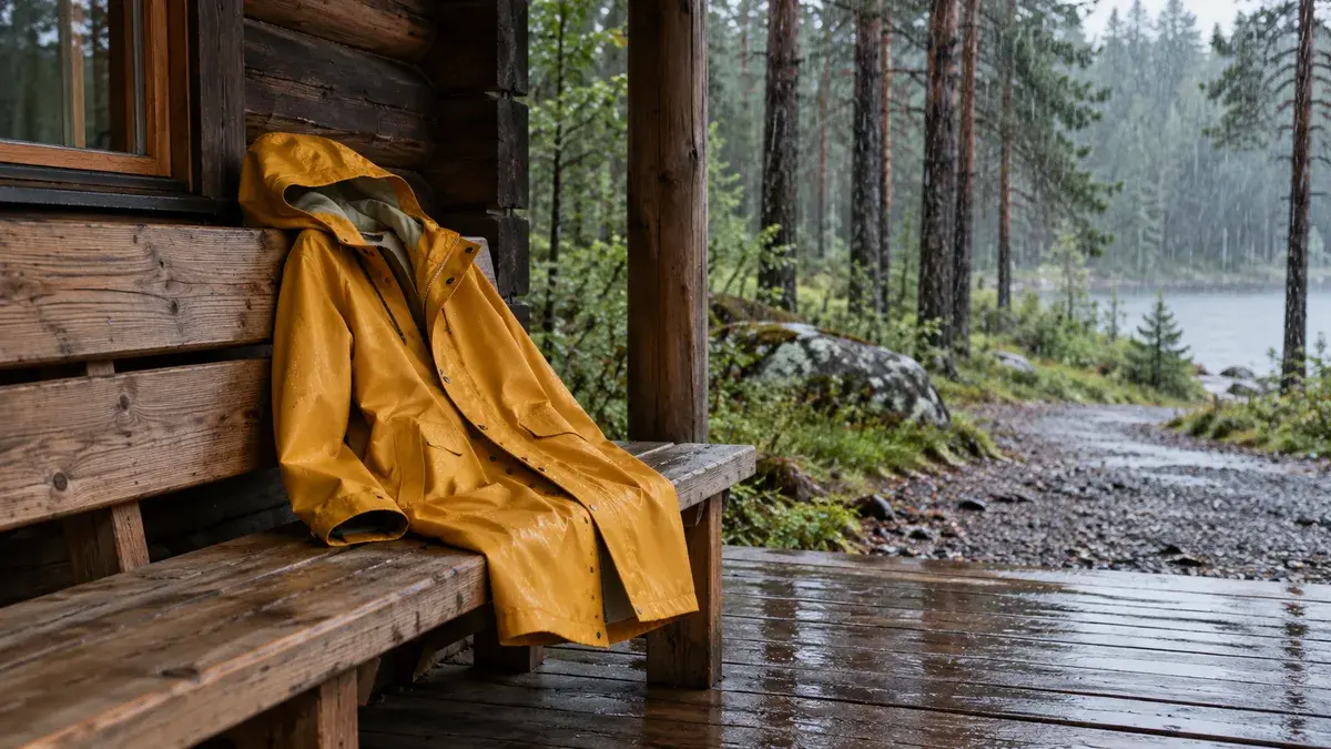 Keltainen sadetakki mökin penkillä sateisen mäntymetsän edustalla