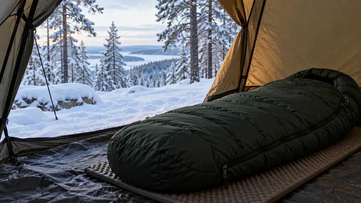 Paksu vihreä makuupussi alustalla teltassa lumisen mäntymetsän keskellä