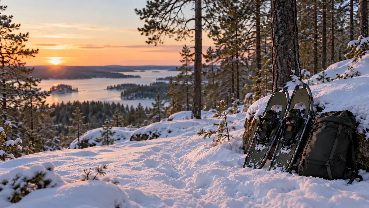 Lumikengät ja reppu lumisen mäntymetsäpolun vieressä