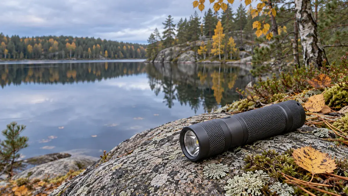 Sammuksissa oleva taskulamppu rantakalliolla syksyisen järven vieressä