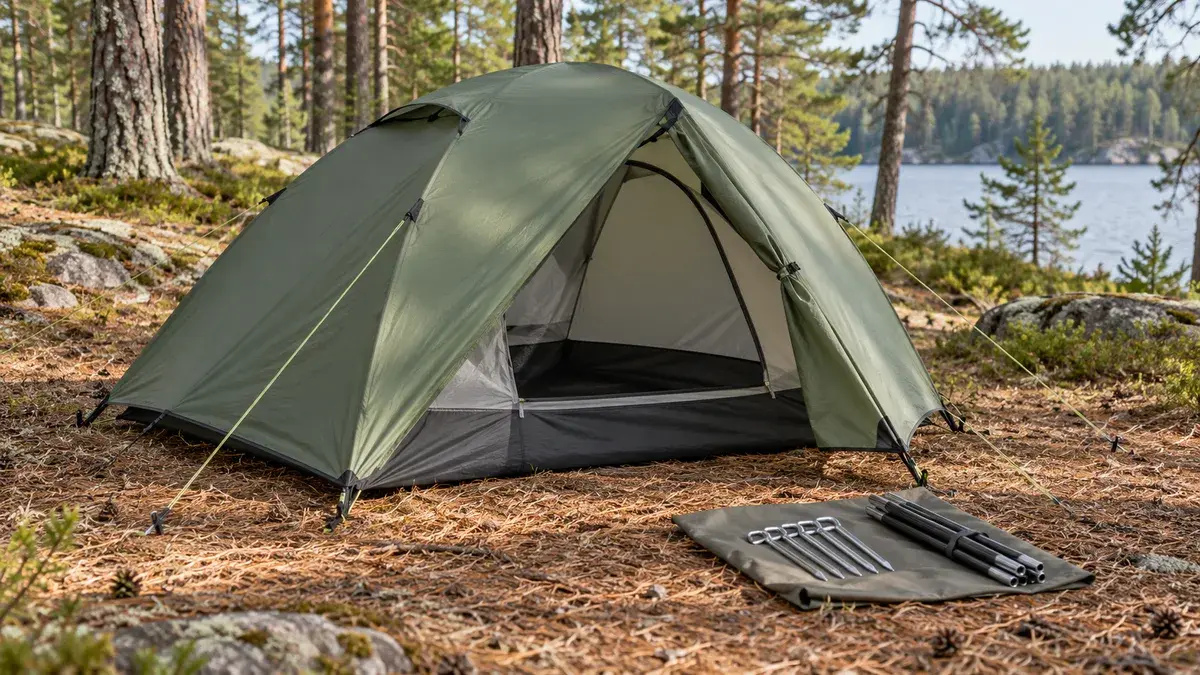 Vihreä kupoliteltta tasaisella metsämaalla sekä telttakiiloja ja kaaren osa kankaalla oven vieressä