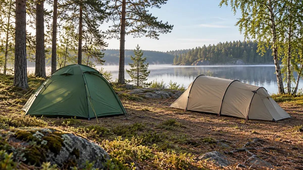 Vihreä kupoliteltta ja vaalea tunneliteltta metsäisellä järvenrantaleirillä