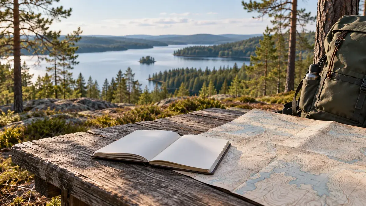 Avoin muistikirja ja kartta puisella pöydällä järvimaiseman äärellä