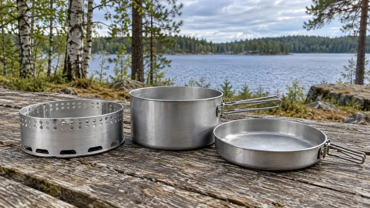 Alumiininen retkikattila, paistinpannu ja tuulisuoja puisella pöydällä järven rannassa