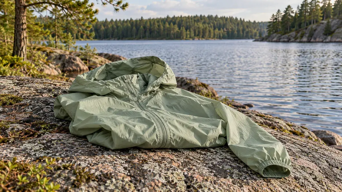 Vaaleanvihreä kevyt tuulitakki taiteltuna rantakalliolle