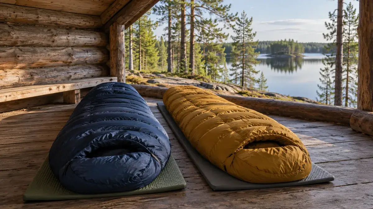 Kaksi makuupussia alustoillaan puisessa laavussa järvimaiseman äärellä