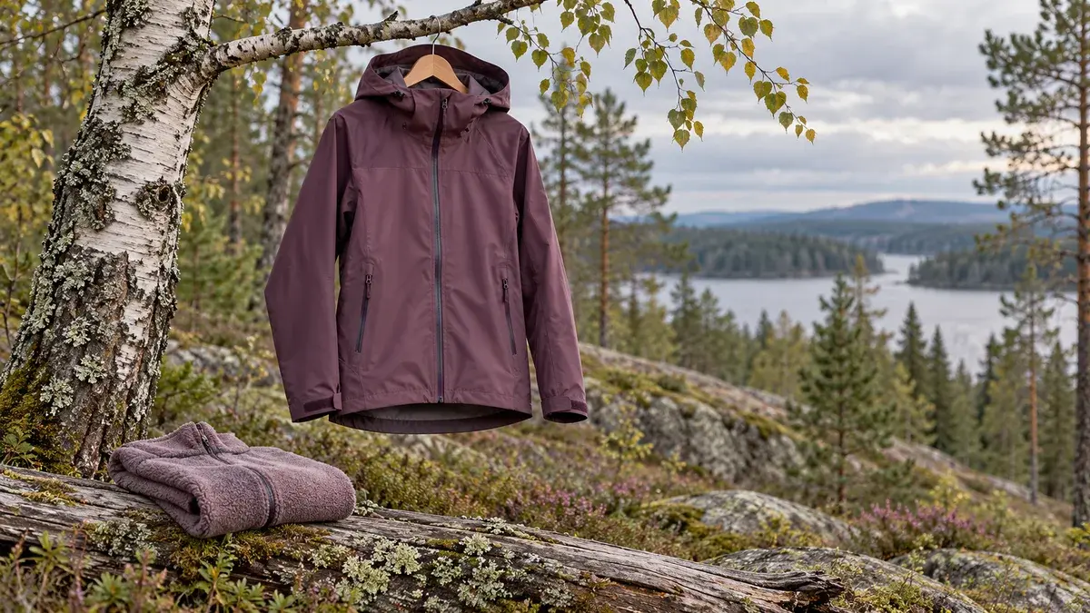 Luumunvärinen kuoritakki koivunoksalla ja taitettu fleece järvenrantametsässä