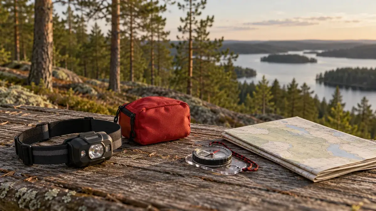 Otsalamppu, punainen pussi, kompassi ja taitettu kartta puisella pöydällä metsässä