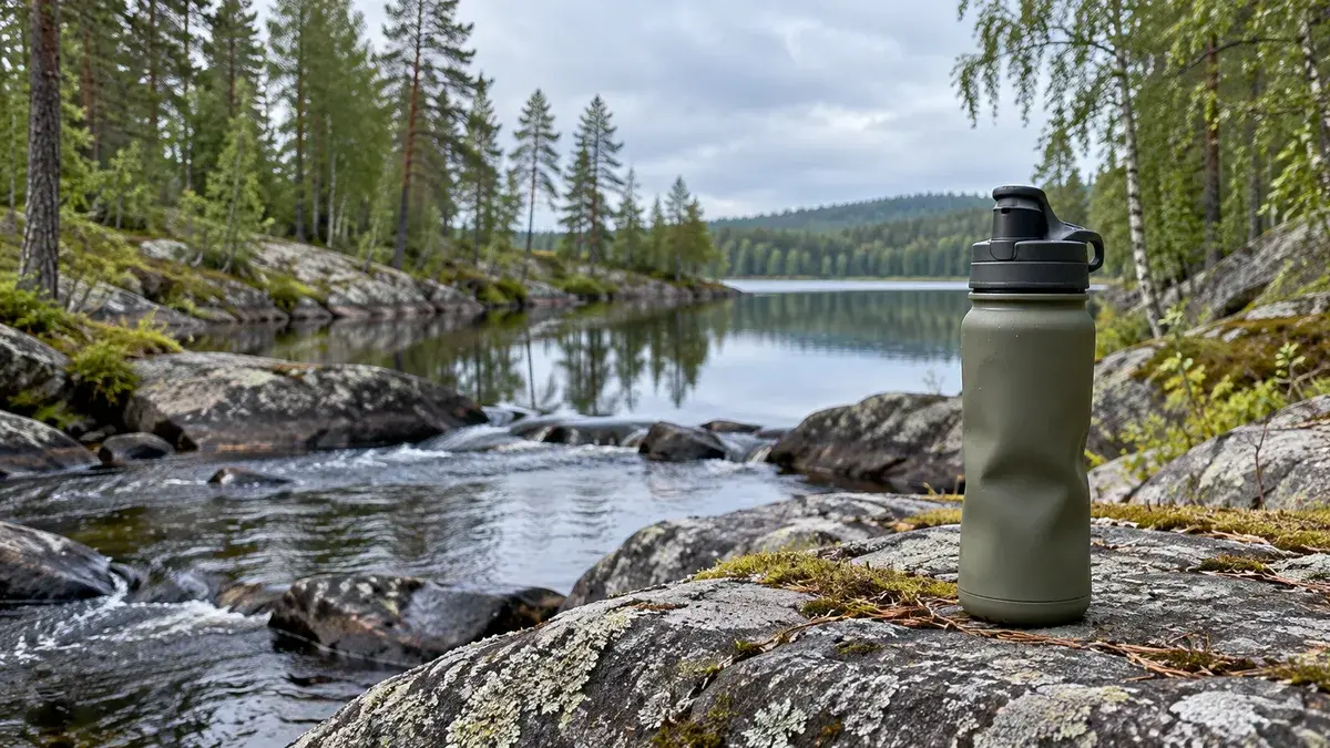 Suljettu juomapullo metsäpuron vieressä järvenrantakalliolla
